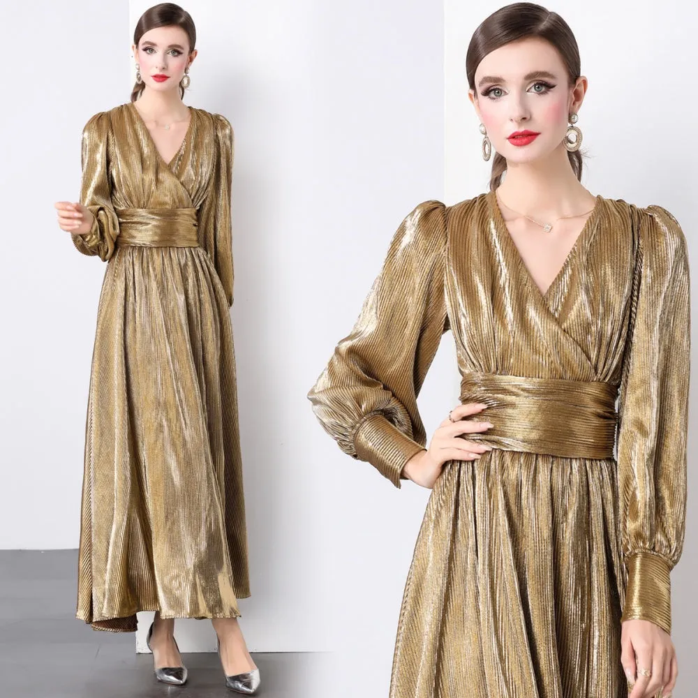 CM-DY022932 Women Elegant European Style V-Neck Long Sleeve Maxi Dress - Brown
