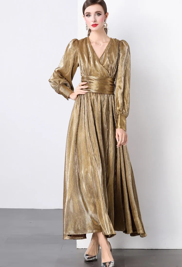 CM-DY022932 Women Elegant European Style V-Neck Long Sleeve Maxi Dress - Brown