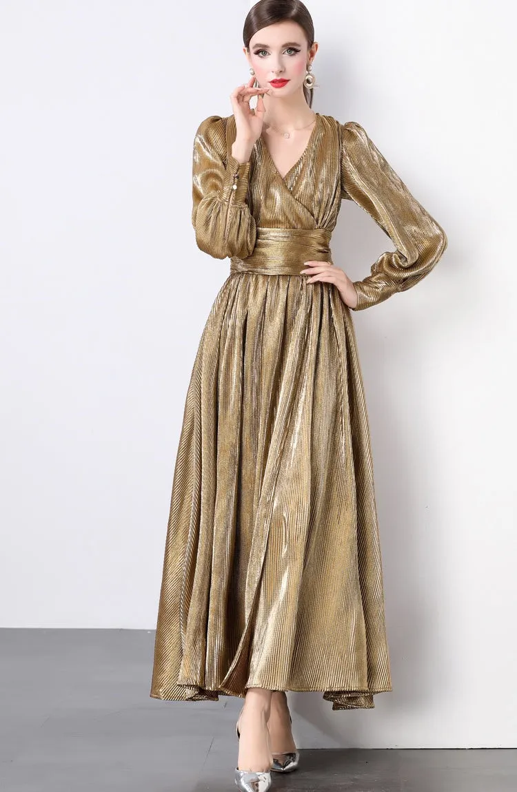CM-DY022932 Women Elegant European Style V-Neck Long Sleeve Maxi Dress - Brown