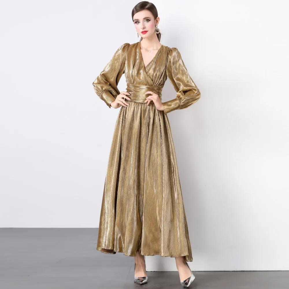 CM-DY022932 Women Elegant European Style V-Neck Long Sleeve Maxi Dress - Brown