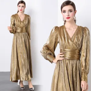 CM-DY022932 Women Elegant European Style V-Neck Long Sleeve Maxi Dress - Brown