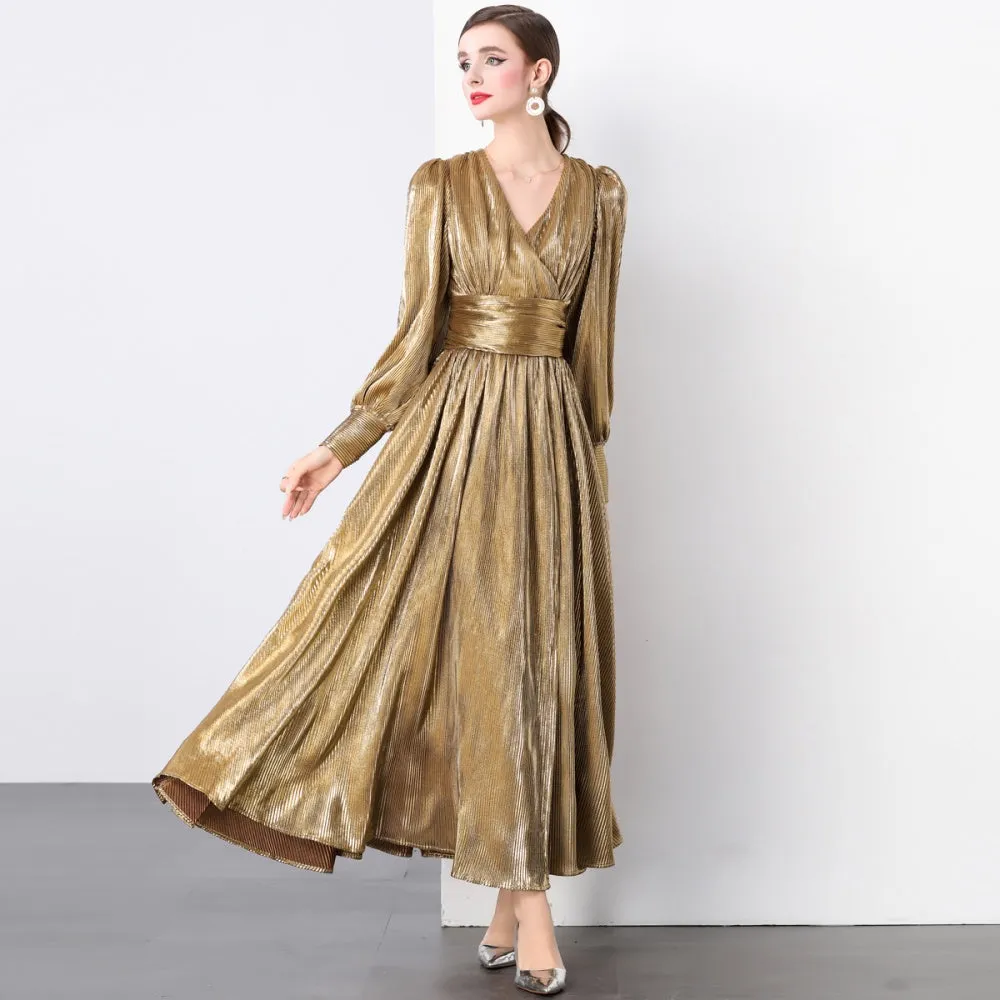 CM-DY022932 Women Elegant European Style V-Neck Long Sleeve Maxi Dress - Brown