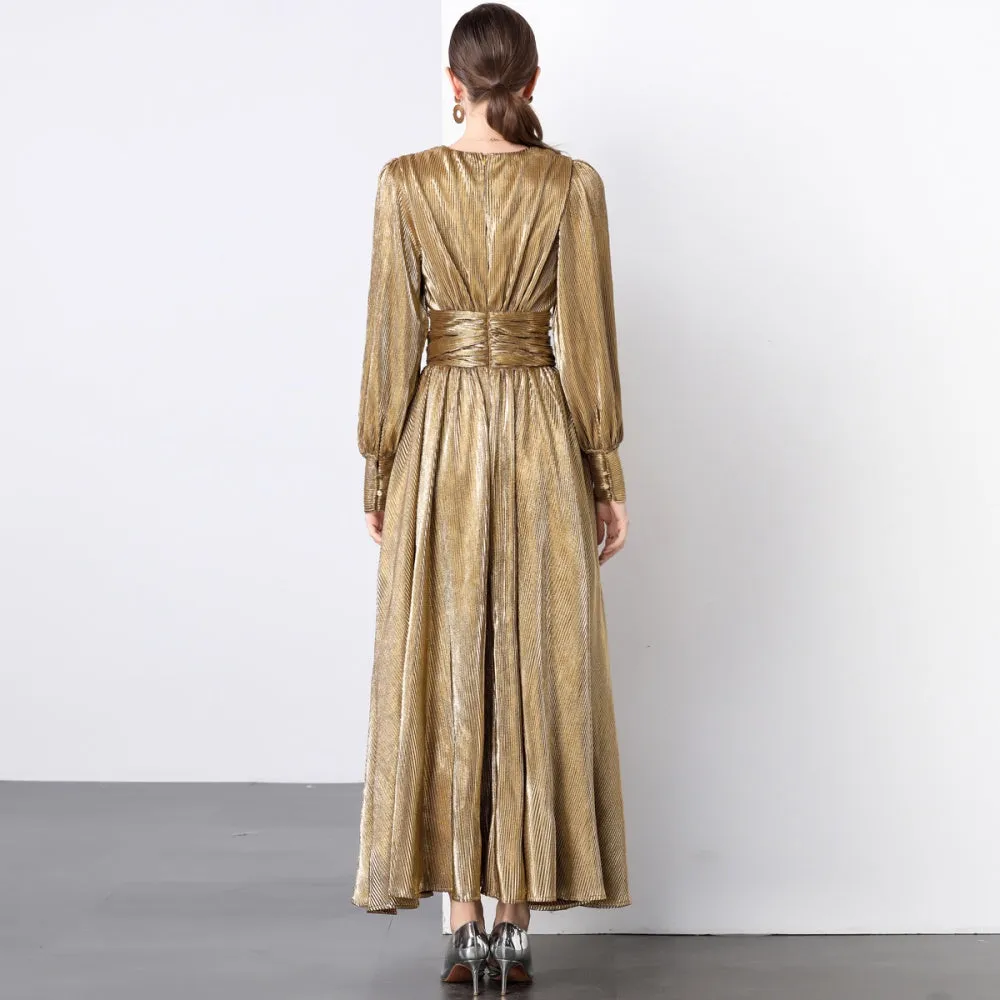 CM-DY022932 Women Elegant European Style V-Neck Long Sleeve Maxi Dress - Brown