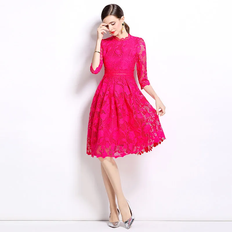 CM-DY022949 Women Elegant European Style Long Sleeve Lace Hollow Slim Dress - Pink