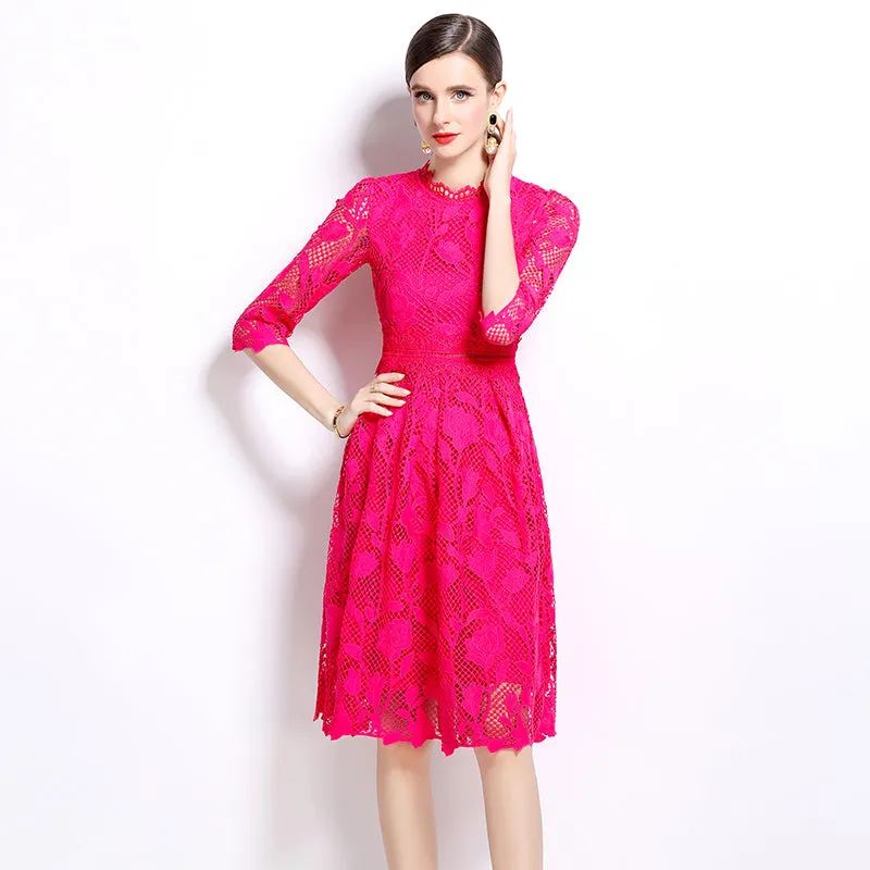CM-DY022949 Women Elegant European Style Long Sleeve Lace Hollow Slim Dress - Pink