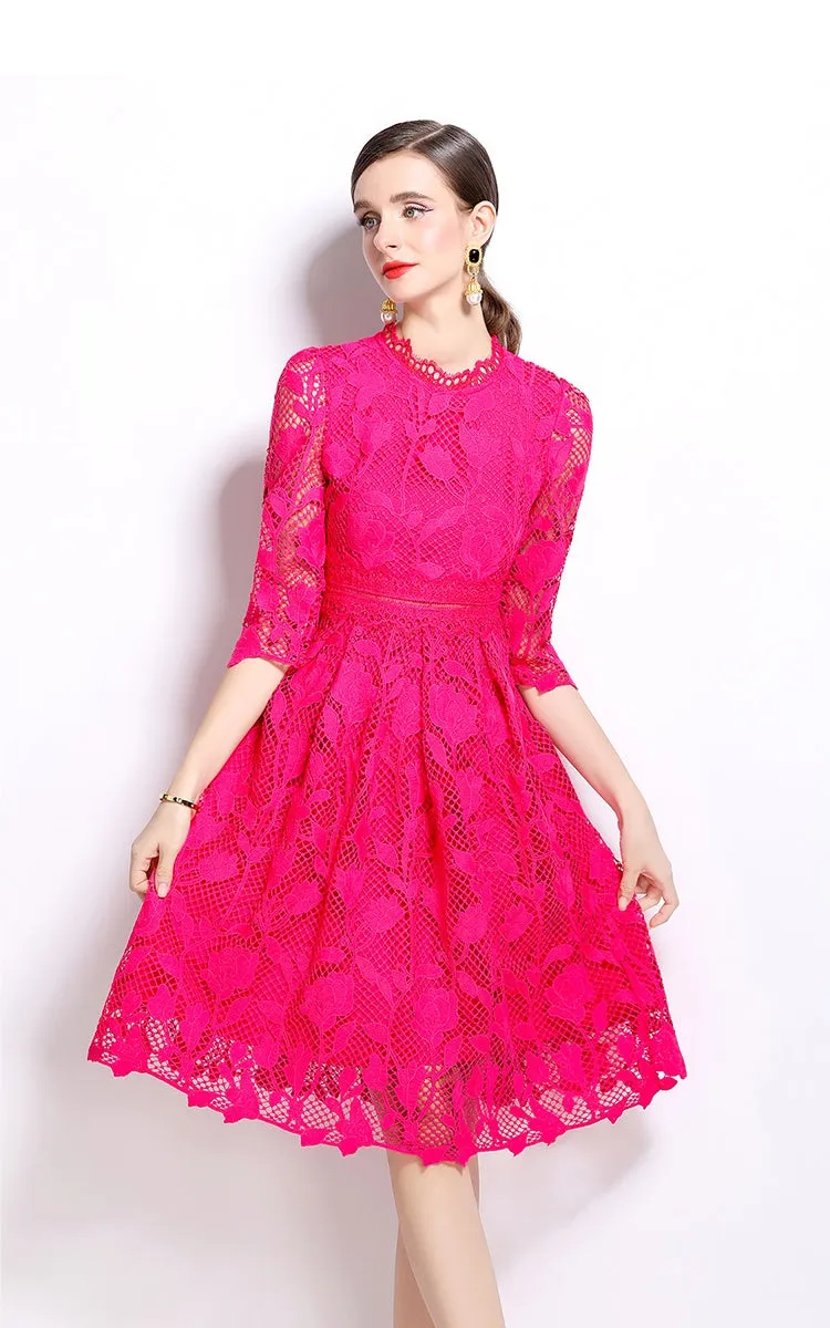 CM-DY022949 Women Elegant European Style Long Sleeve Lace Hollow Slim Dress - Pink