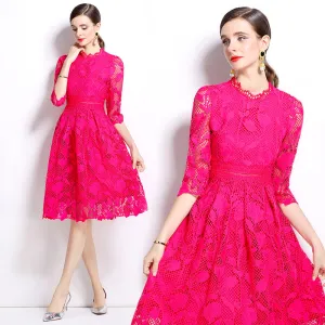 CM-DY022949 Women Elegant European Style Long Sleeve Lace Hollow Slim Dress - Pink