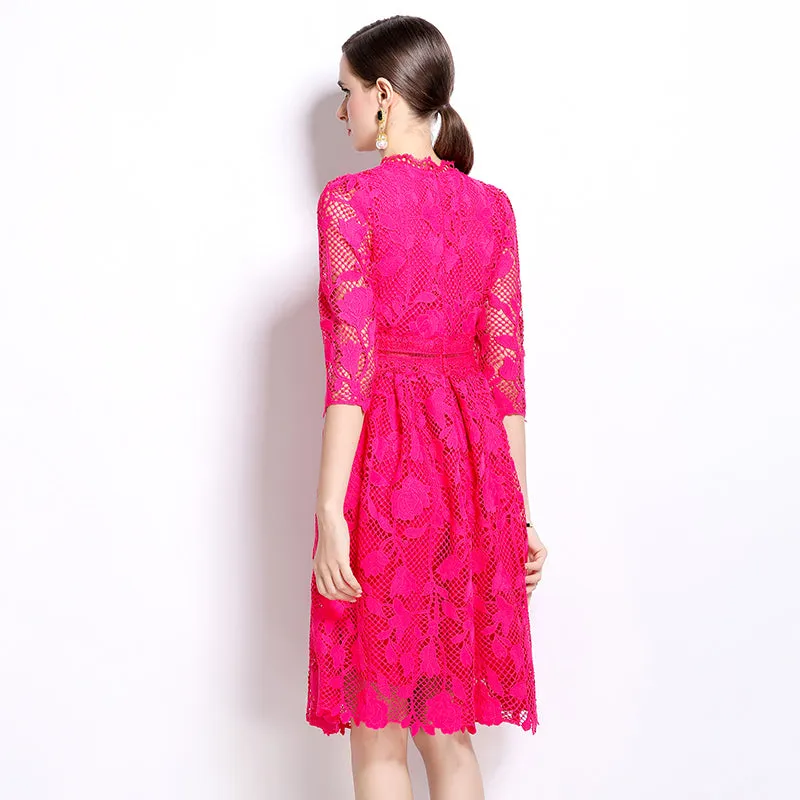 CM-DY022949 Women Elegant European Style Long Sleeve Lace Hollow Slim Dress - Pink