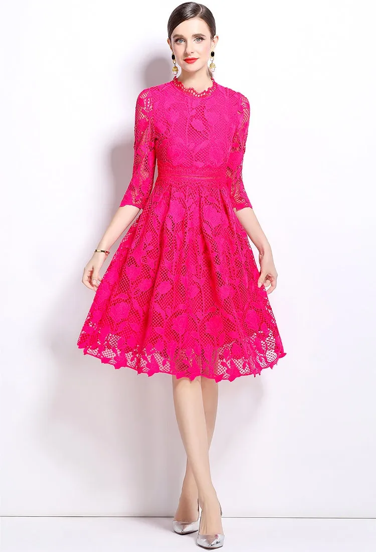 CM-DY022949 Women Elegant European Style Long Sleeve Lace Hollow Slim Dress - Pink
