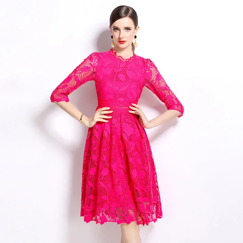 CM-DY022949 Women Elegant European Style Long Sleeve Lace Hollow Slim Dress - Pink