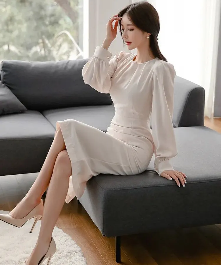 CM-DY090503 Women Elegant Seoul Style Round Neck Long Sleeve Slim Dress - White