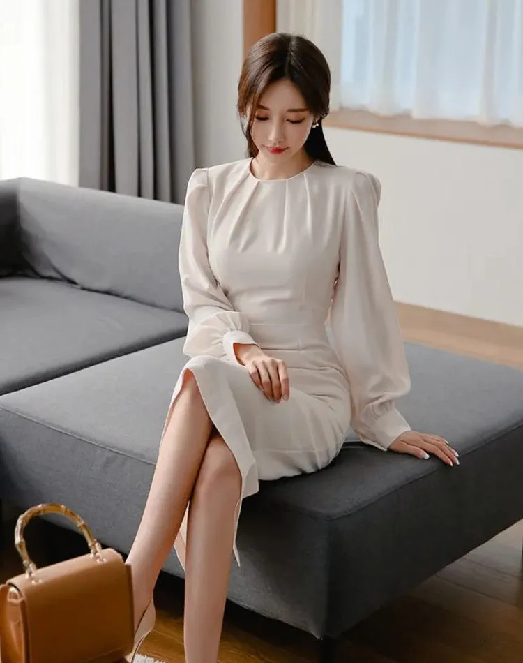 CM-DY090503 Women Elegant Seoul Style Round Neck Long Sleeve Slim Dress - White