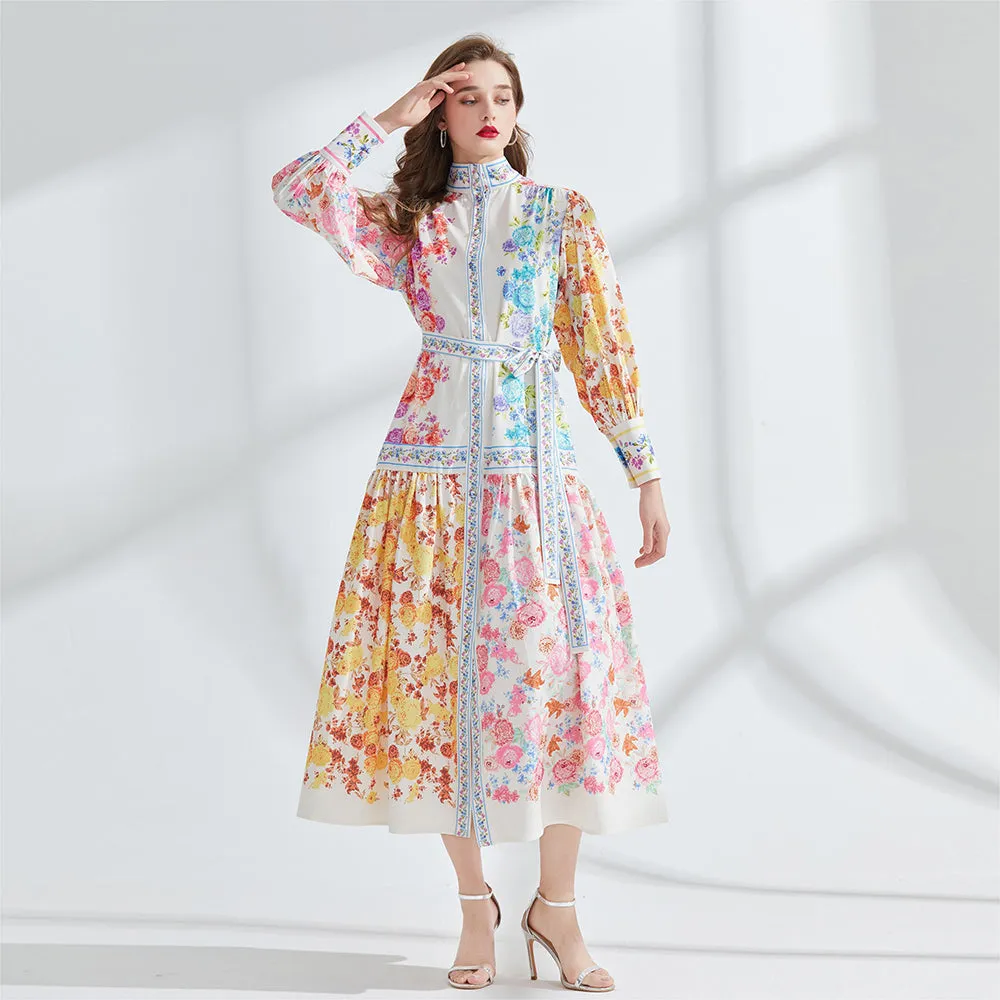 CM-DY095170 Women Elegant European Style Stand Collar Lantern Sleeve Long Dress
