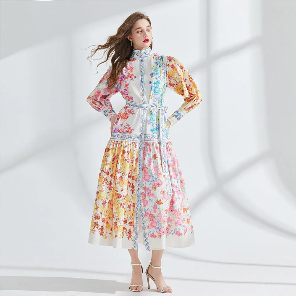 CM-DY095170 Women Elegant European Style Stand Collar Lantern Sleeve Long Dress
