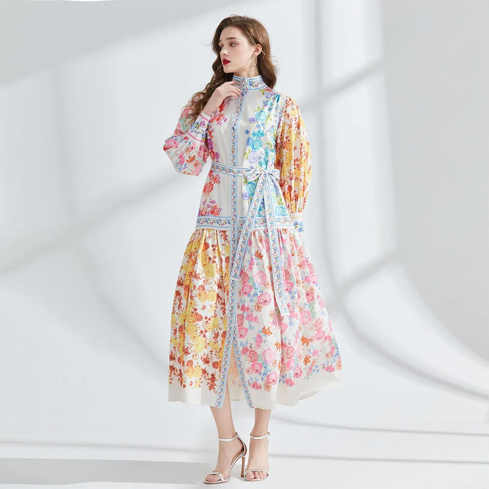 CM-DY095170 Women Elegant European Style Stand Collar Lantern Sleeve Long Dress