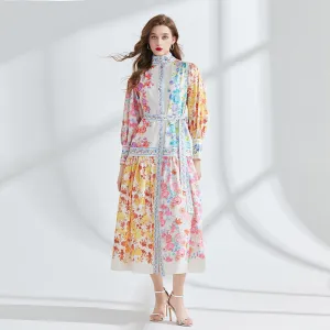 CM-DY095170 Women Elegant European Style Stand Collar Lantern Sleeve Long Dress
