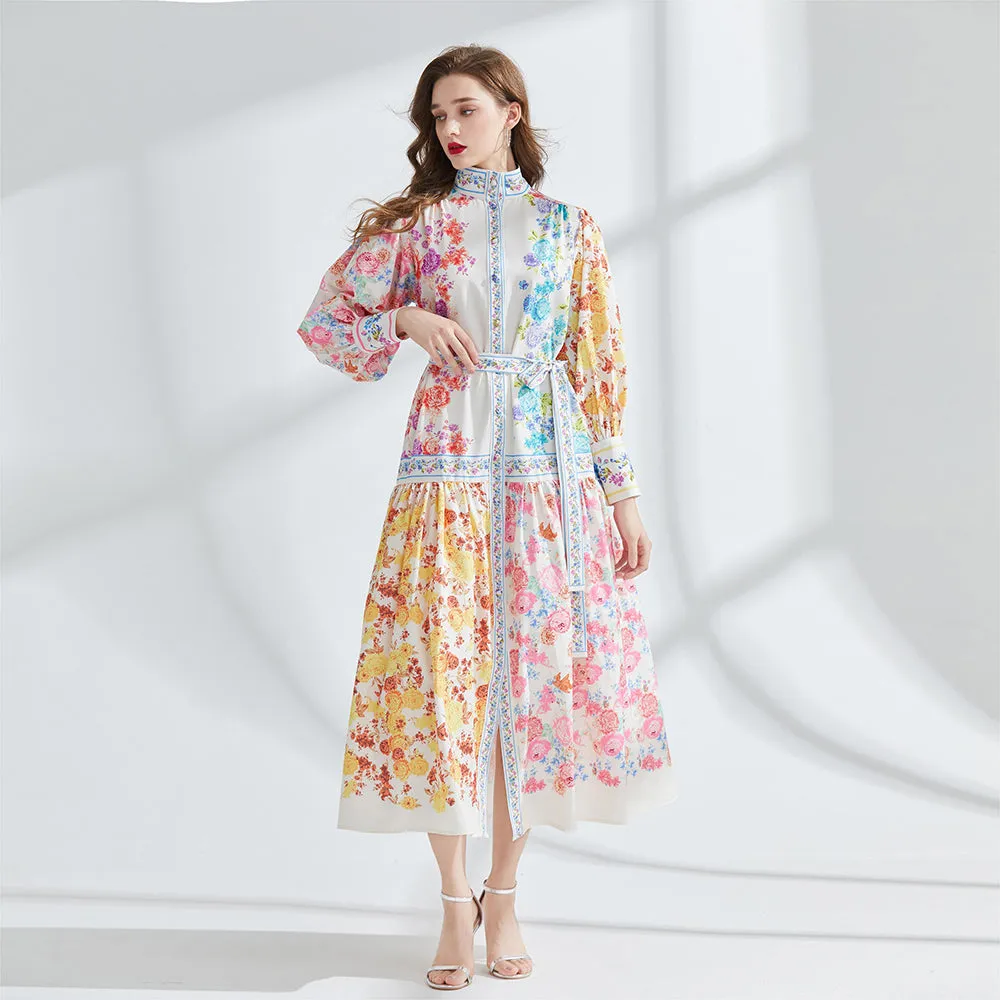 CM-DY095170 Women Elegant European Style Stand Collar Lantern Sleeve Long Dress