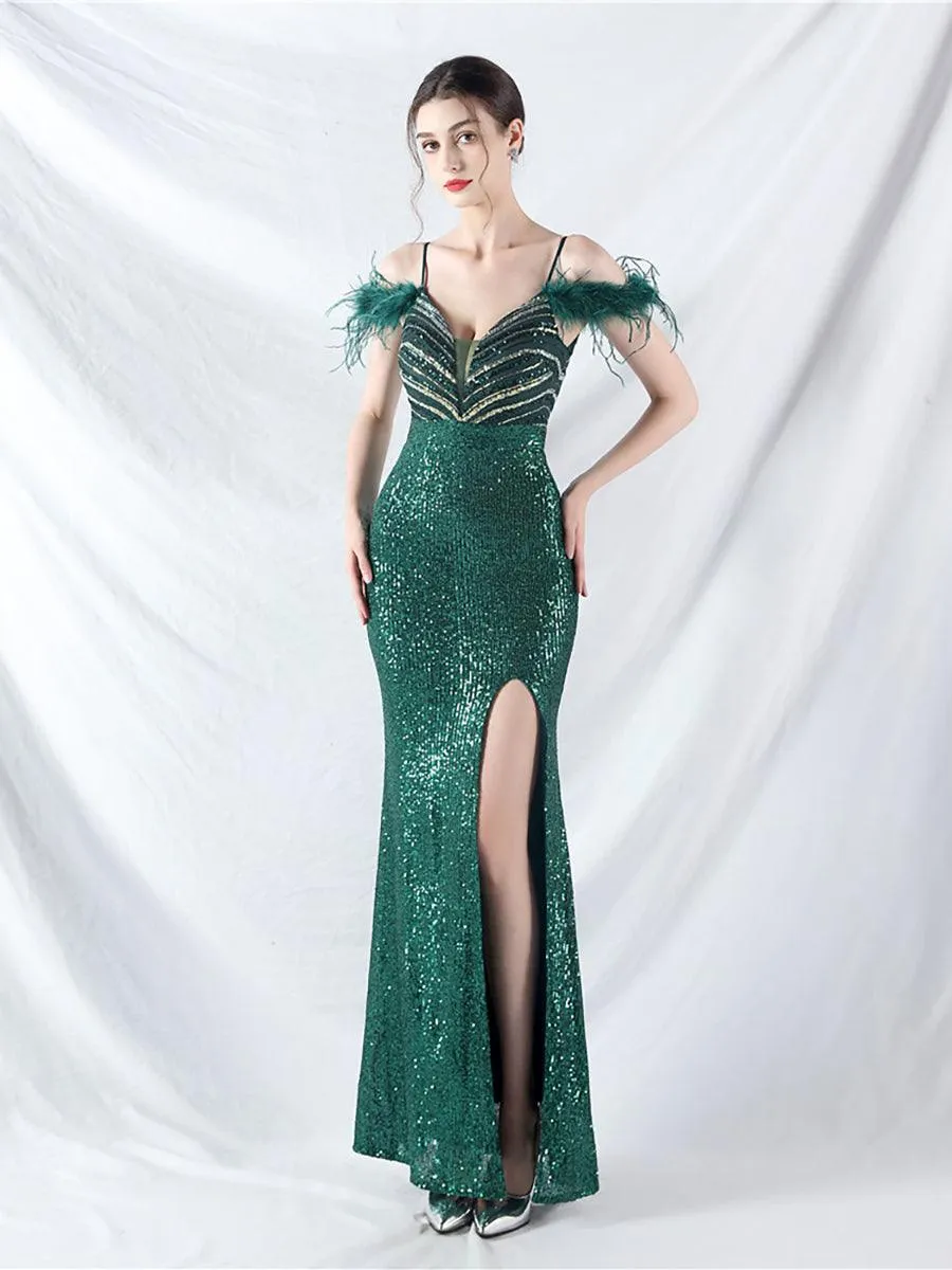 Cold Shoulder Feather Sequin Cocktail Dress MYC2006