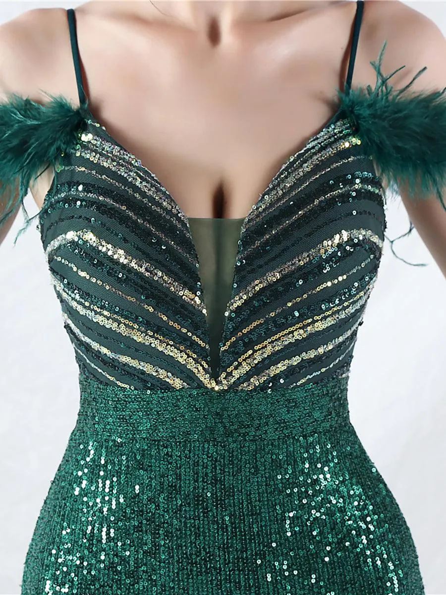 Cold Shoulder Feather Sequin Cocktail Dress MYC2006