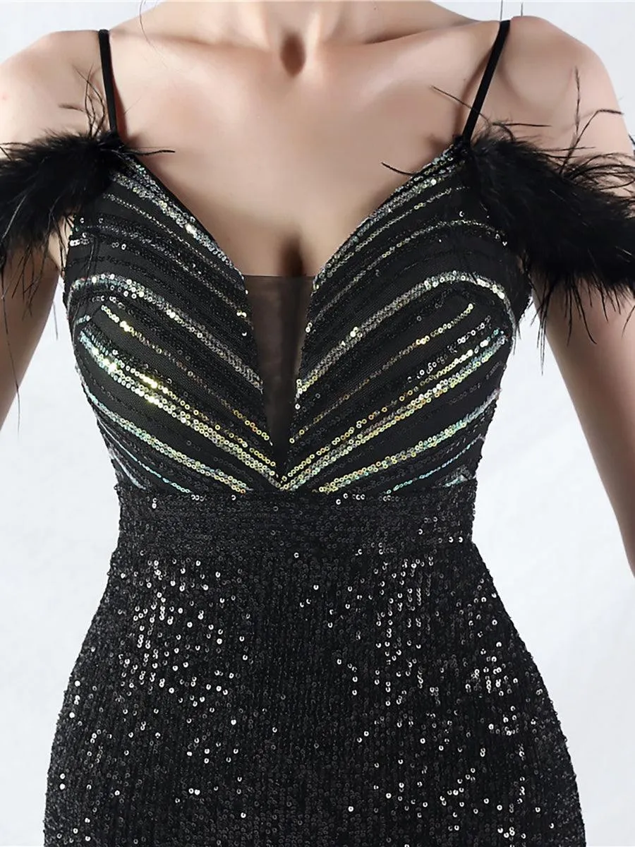 Cold Shoulder Feather Sequin Cocktail Dress MYC2006