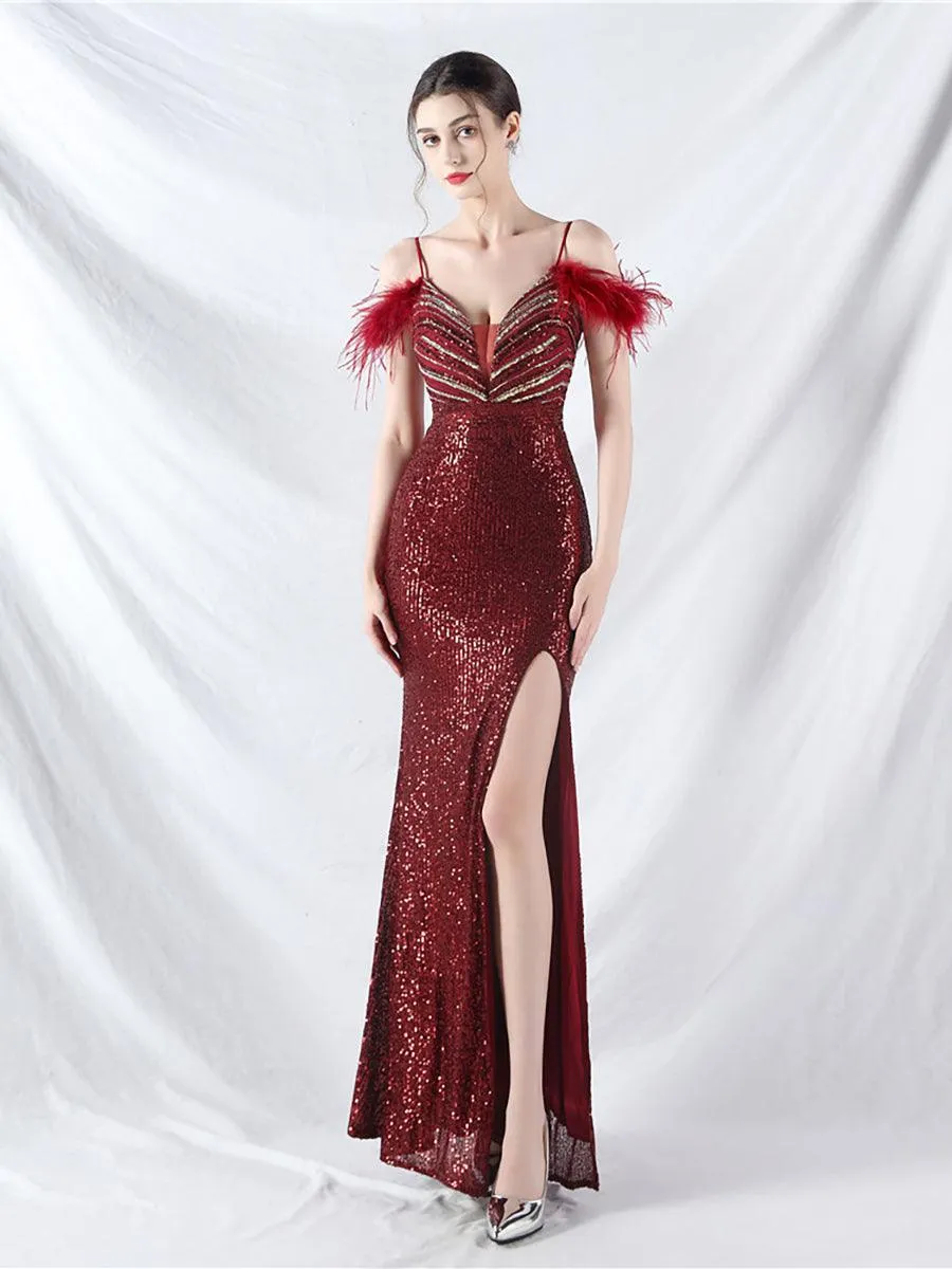 Cold Shoulder Feather Sequin Cocktail Dress MYC2006