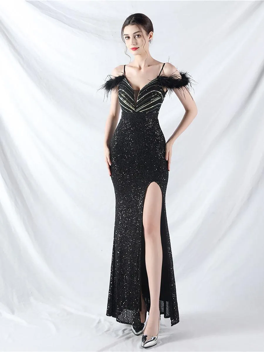 Cold Shoulder Feather Sequin Cocktail Dress MYC2006