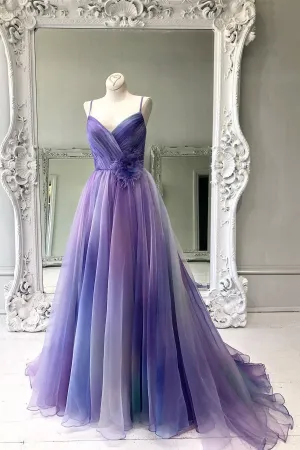 Colorful Spaghetti Straps Ombre Prom Dresses Ruffles Sleeveless Long Tulle Evening Dress Formal Gowns OHC308