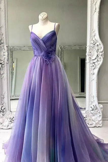 Colorful Spaghetti Straps Ombre Prom Dresses Ruffles Sleeveless Long Tulle Evening Dress Formal Gowns OHC308
