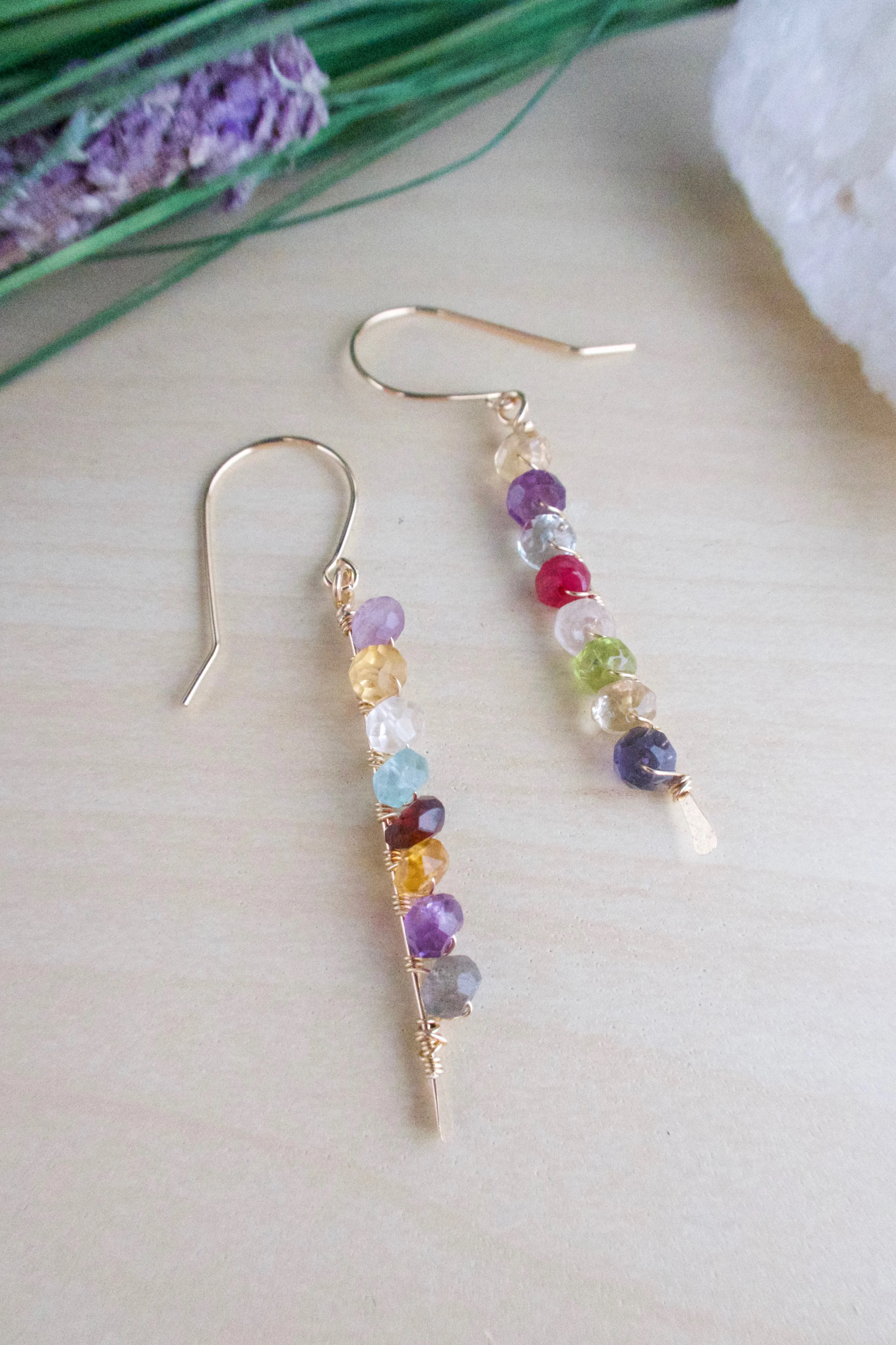 Confetti Bar Earrings - Vertical Bar Multi Color Gemstone Earrings
