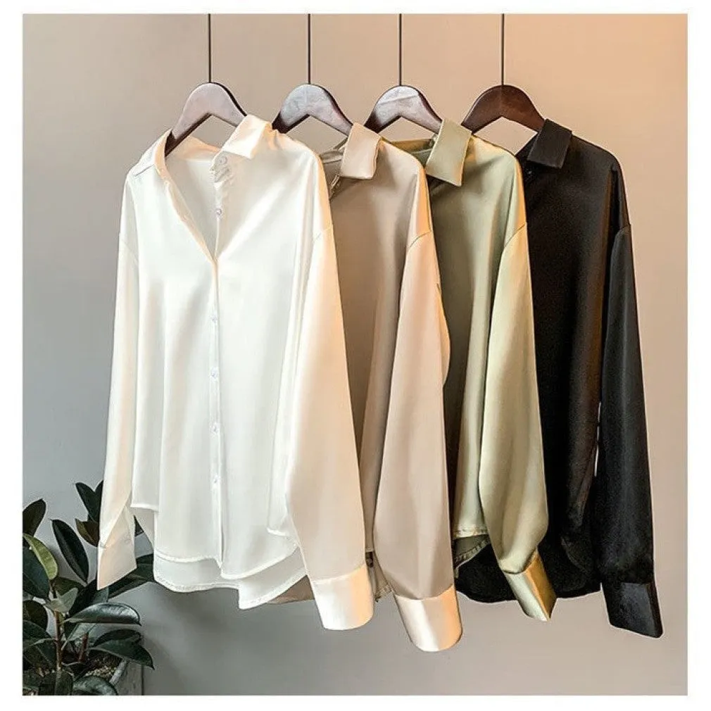 ContiNent 33 High Quality Elegant Imitation Silk Blouse Spring Women Fashion Long Sleeves Satin Blouse Vintage Femme Stand Street Shirts