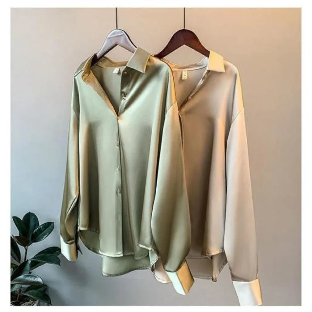 ContiNent 33 High Quality Elegant Imitation Silk Blouse Spring Women Fashion Long Sleeves Satin Blouse Vintage Femme Stand Street Shirts