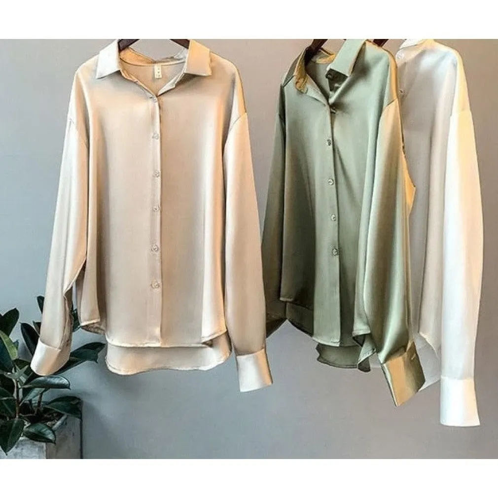ContiNent 33 High Quality Elegant Imitation Silk Blouse Spring Women Fashion Long Sleeves Satin Blouse Vintage Femme Stand Street Shirts