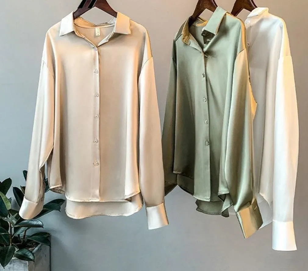 ContiNent 33 High Quality Elegant Imitation Silk Blouse Spring Women Fashion Long Sleeves Satin Blouse Vintage Femme Stand Street Shirts