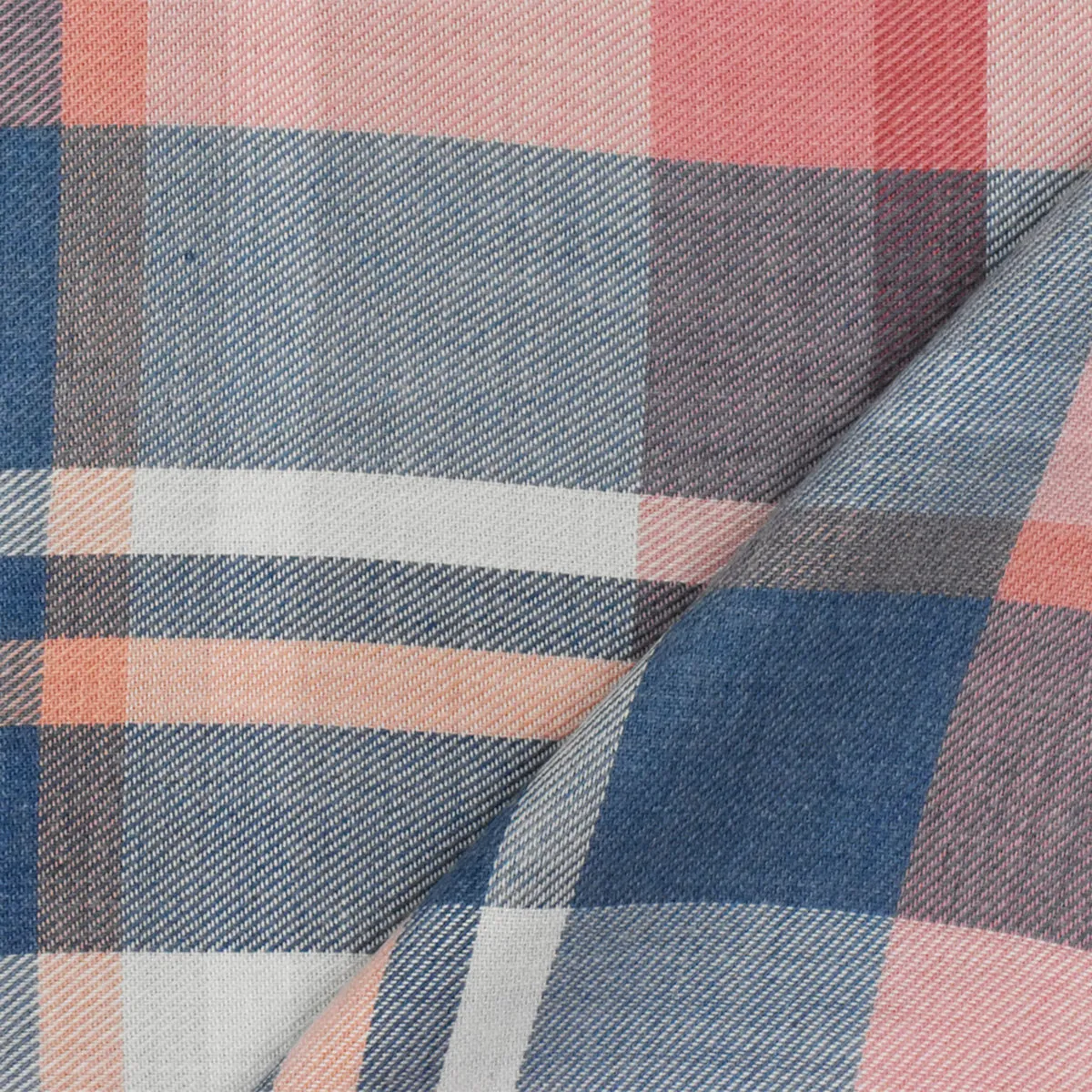 Coral-Blue-Multi Famous Maker Poly-Cotton Plaid Woven Shirting Fabric