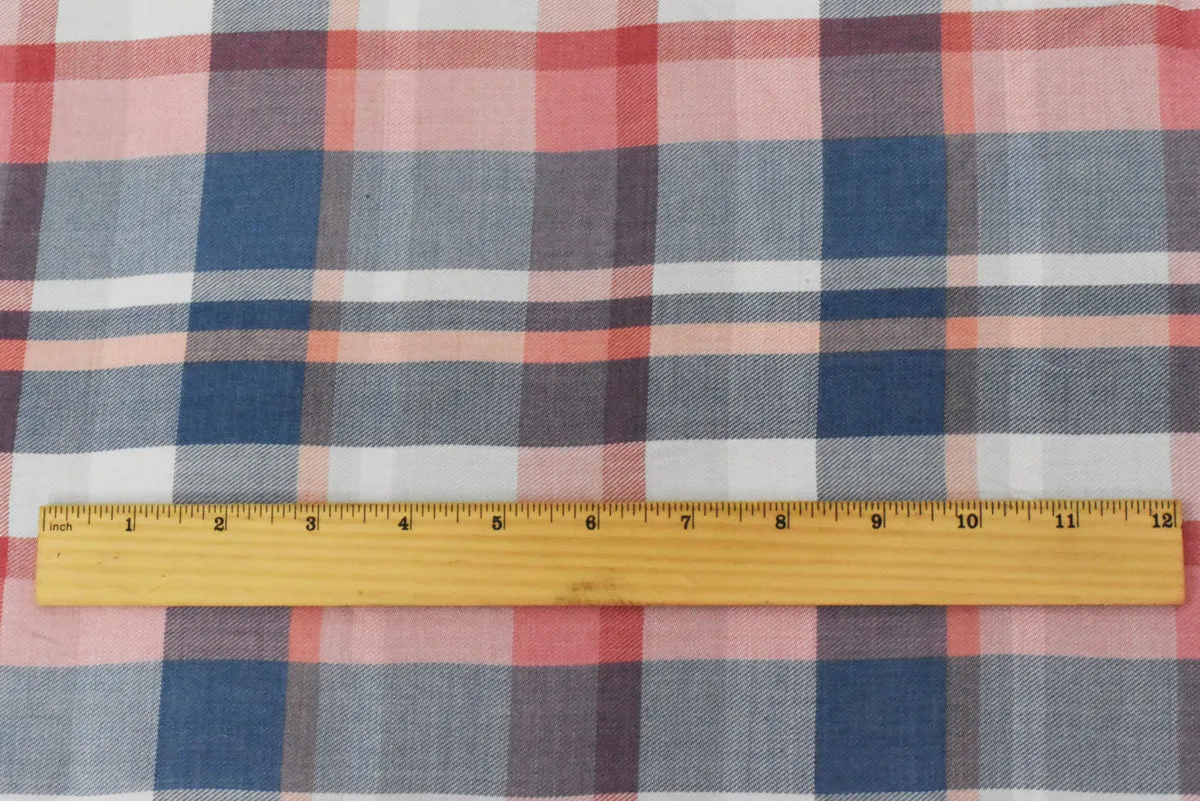 Coral-Blue-Multi Famous Maker Poly-Cotton Plaid Woven Shirting Fabric