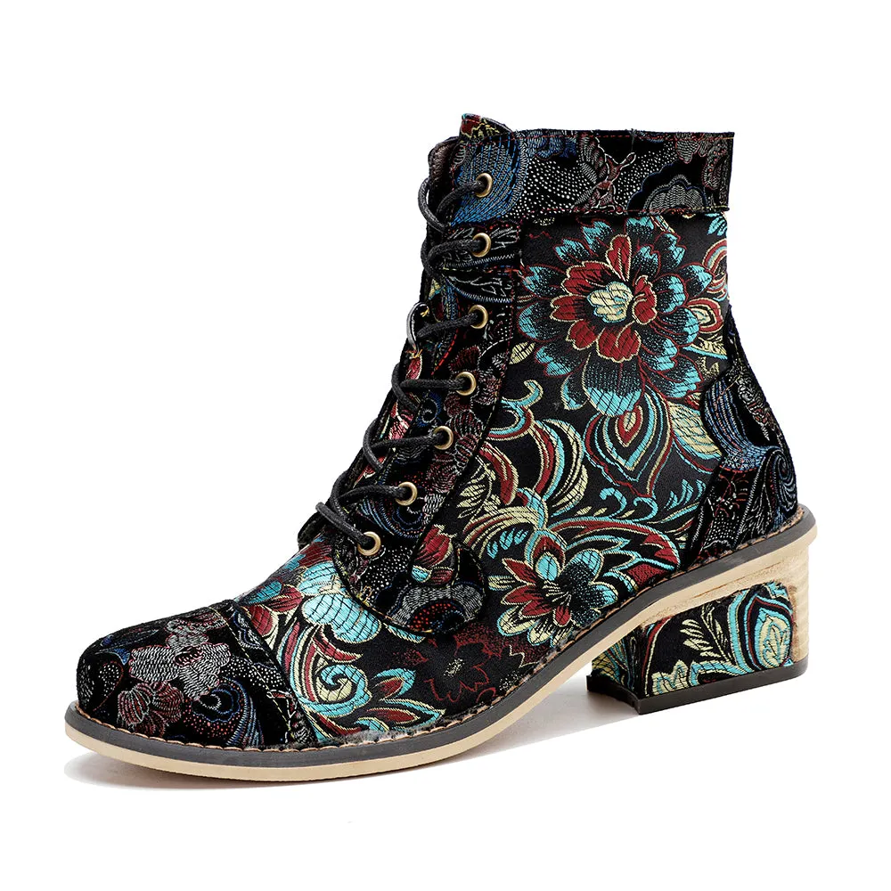 CrazycatZ Womens  Boots Bohemian Block Heels Leather  Colorful Ankle Boots 2101