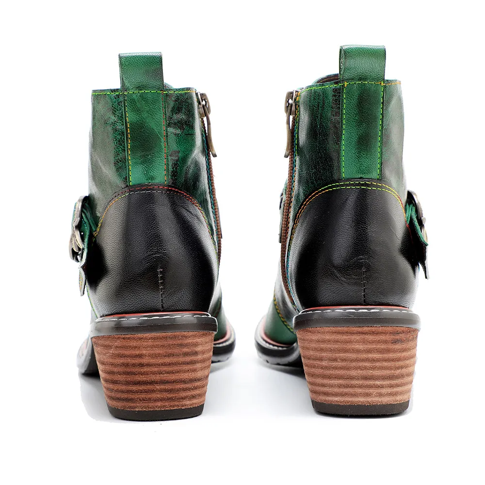 CrazycatZ Womens  Boots Bohemian Block Heels Leather Western Boots Colorful Leather Ankle Boots Green