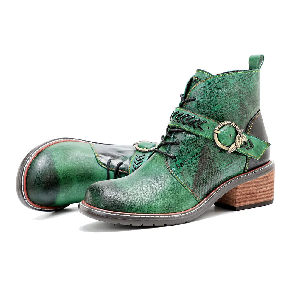 CrazycatZ Womens  Boots Bohemian Block Heels Leather Western Boots Colorful Leather Ankle Boots Green