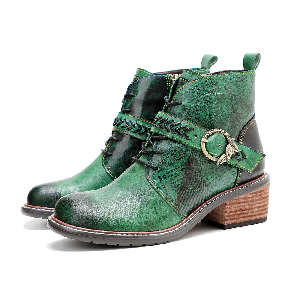 CrazycatZ Womens  Boots Bohemian Block Heels Leather Western Boots Colorful Leather Ankle Boots Green