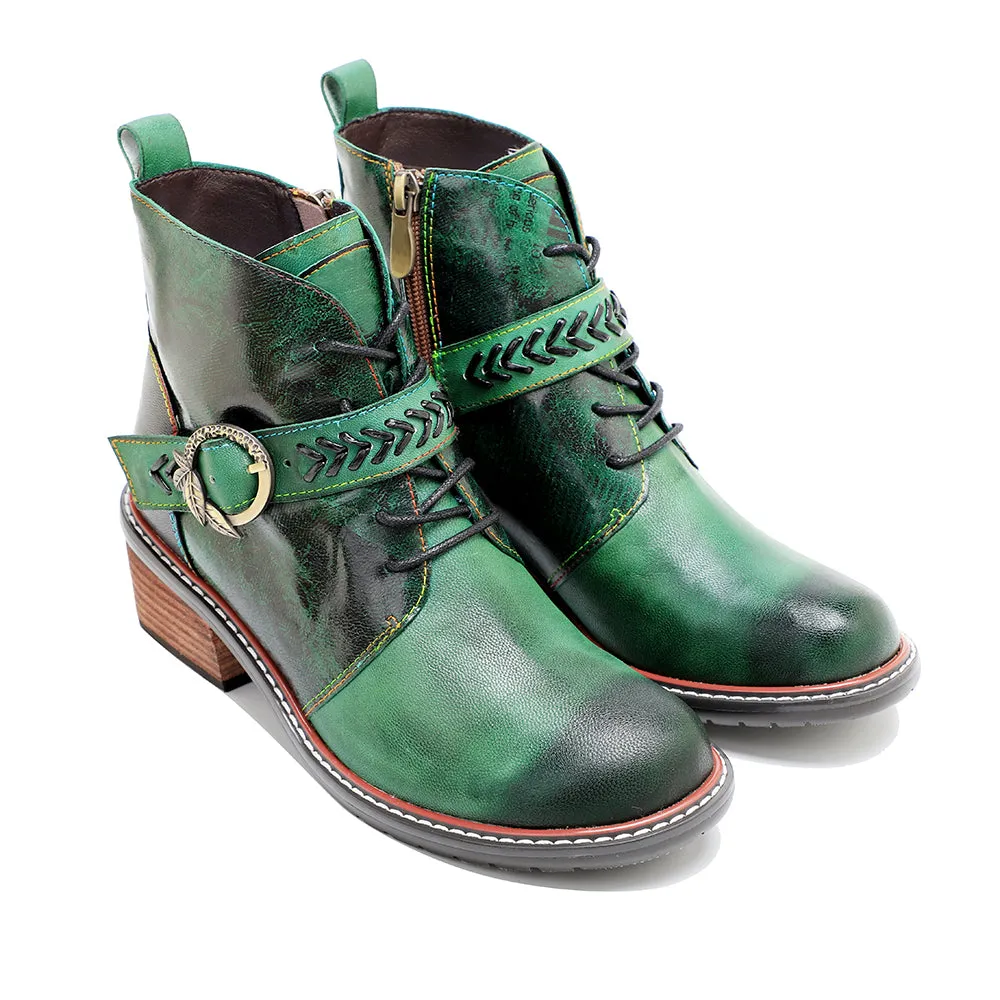CrazycatZ Womens  Boots Bohemian Block Heels Leather Western Boots Colorful Leather Ankle Boots Green