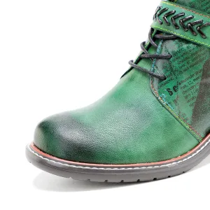 CrazycatZ Womens  Boots Bohemian Block Heels Leather Western Boots Colorful Leather Ankle Boots Green