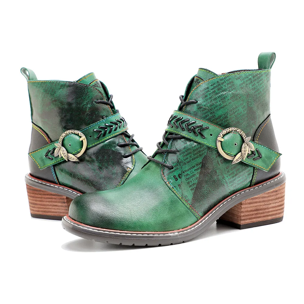 CrazycatZ Womens  Boots Bohemian Block Heels Leather Western Boots Colorful Leather Ankle Boots Green