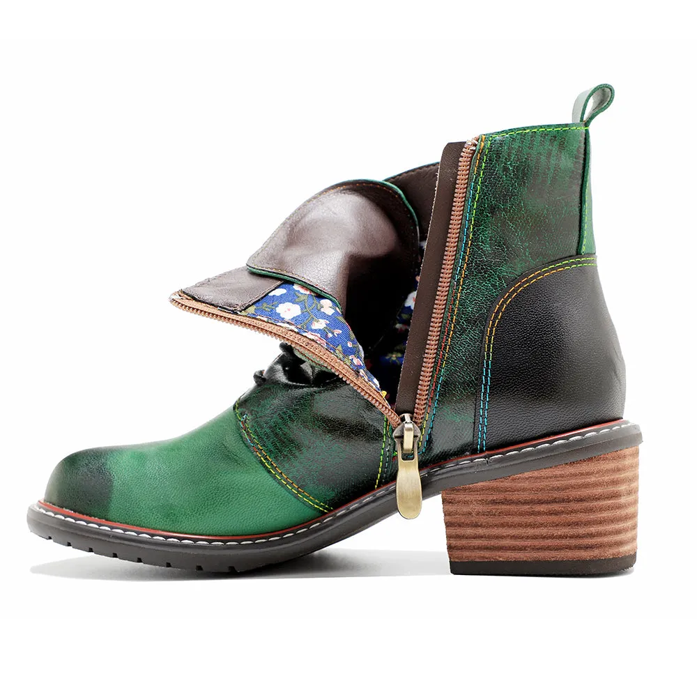 CrazycatZ Womens  Boots Bohemian Block Heels Leather Western Boots Colorful Leather Ankle Boots Green