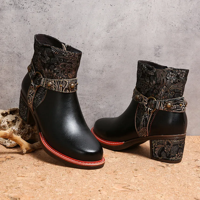 CrazycatZ Womens  Boots Floral Block Heel Leather Western Boots Colorful Leather Boots Black