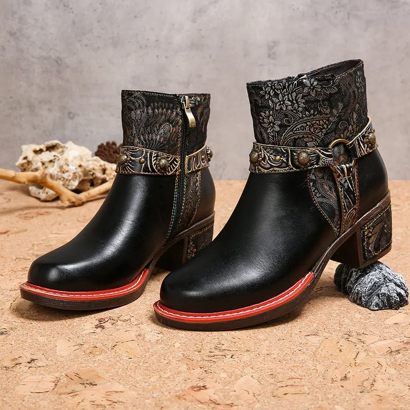 CrazycatZ Womens  Boots Floral Block Heel Leather Western Boots Colorful Leather Boots Black