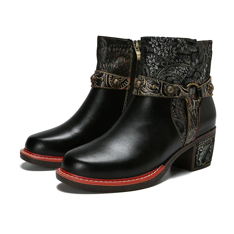 CrazycatZ Womens  Boots Floral Block Heel Leather Western Boots Colorful Leather Boots Black