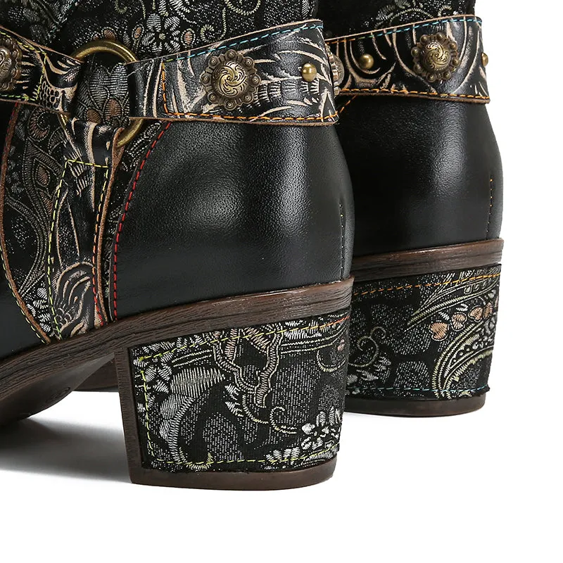 CrazycatZ Womens  Boots Floral Block Heel Leather Western Boots Colorful Leather Boots Black
