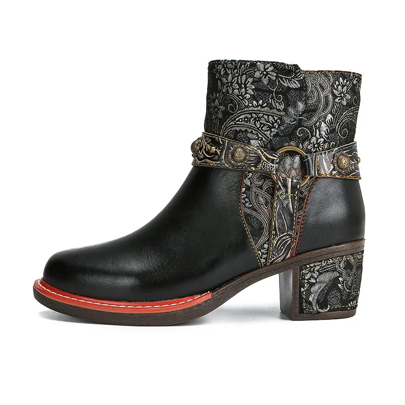 CrazycatZ Womens  Boots Floral Block Heel Leather Western Boots Colorful Leather Boots Black