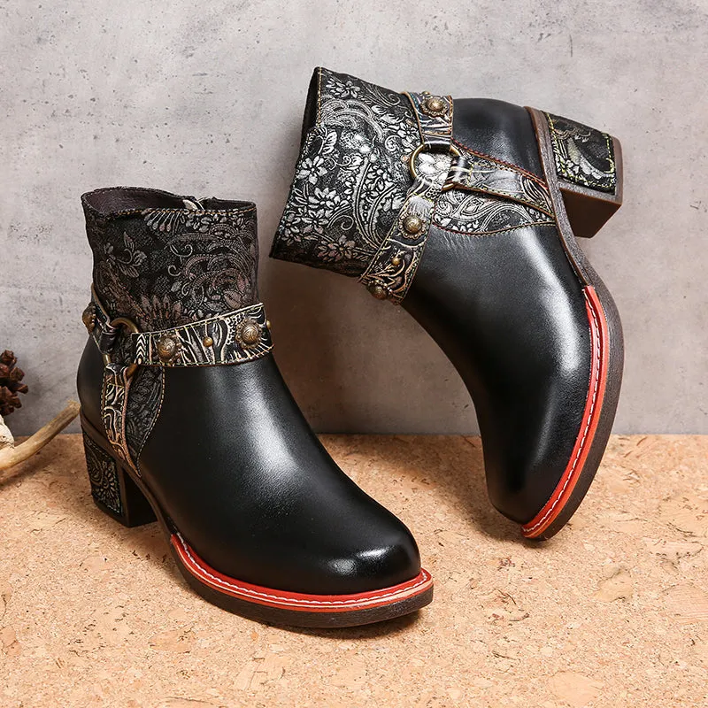 CrazycatZ Womens  Boots Floral Block Heel Leather Western Boots Colorful Leather Boots Black