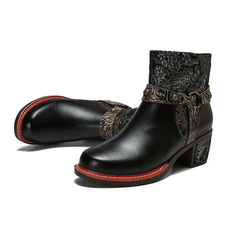 CrazycatZ Womens  Boots Floral Block Heel Leather Western Boots Colorful Leather Boots Black